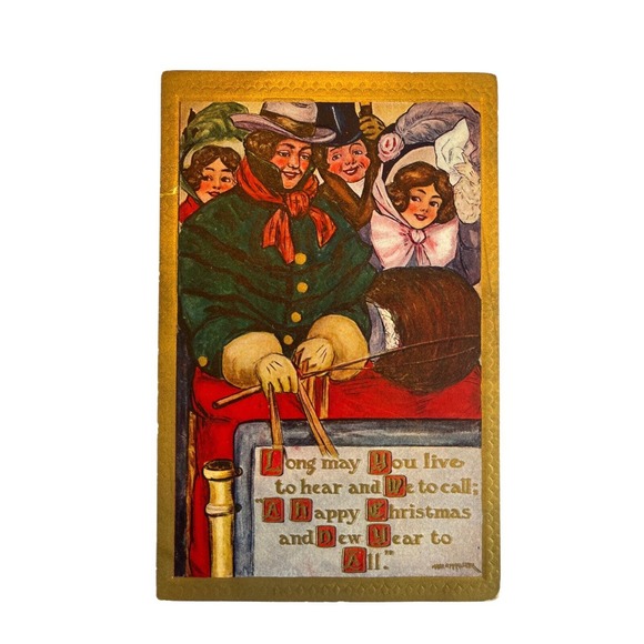 Antique Ephemera Edwardian Era Postcard Christmas Carolers Embossed Unused NOS - Picture 2 of 6